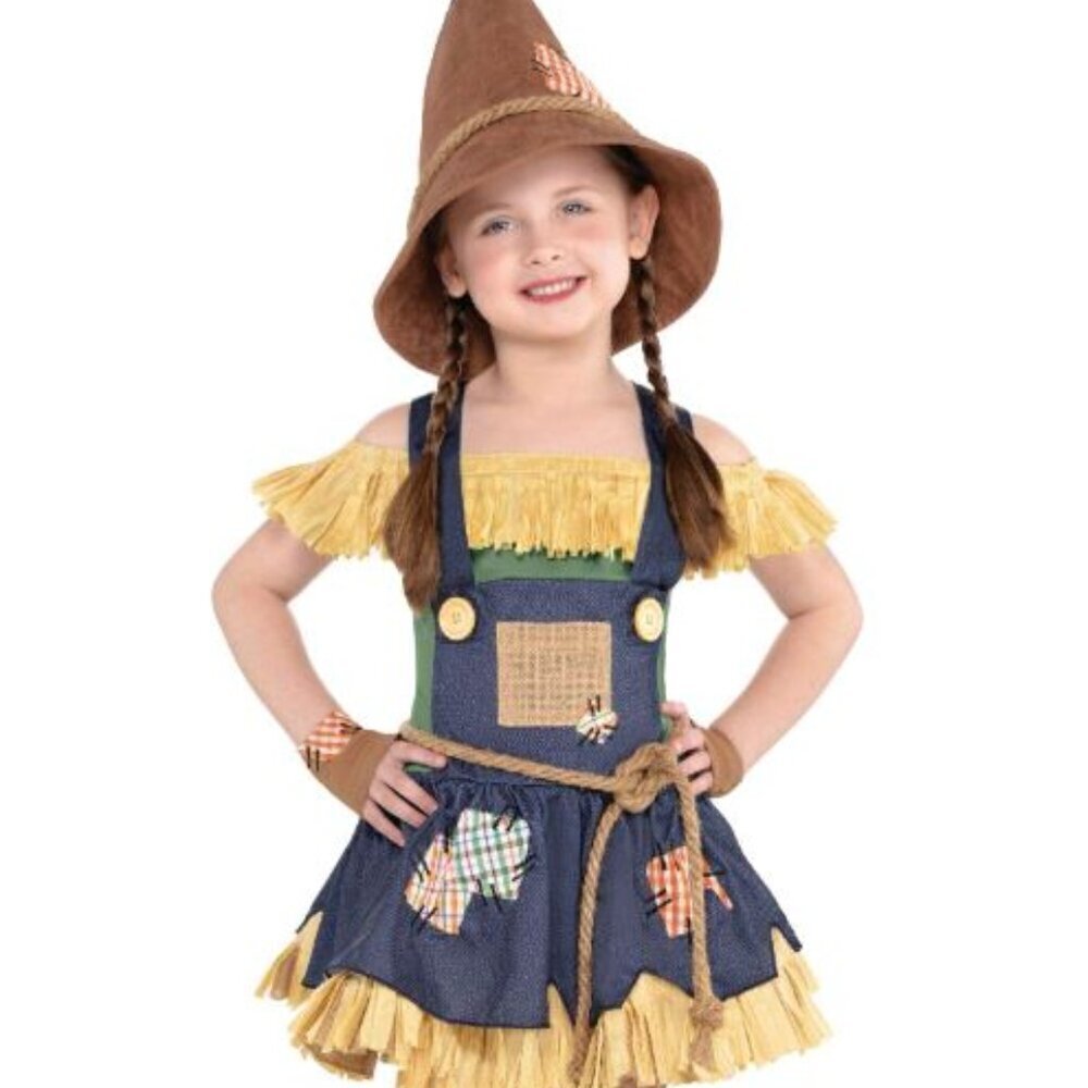 Wizard of Oz Scarecrow Patchwork Straw Hay Dress Halloween Costume w/Hat S/4-6